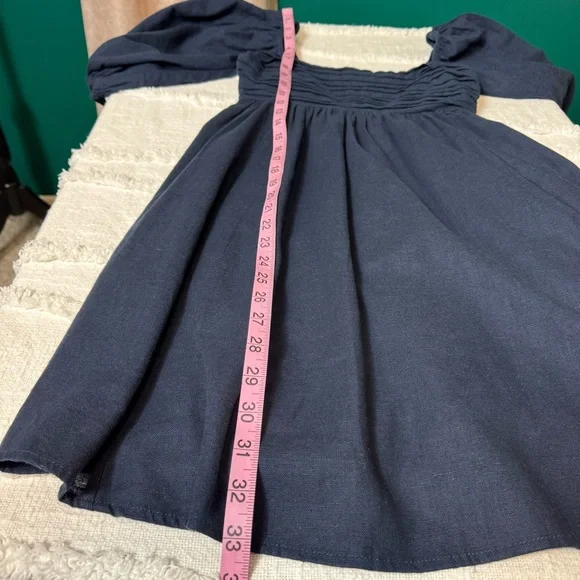 Abercrombie & Fitch NWT Navy Blue Smocked Puff Sleeve Linen Cotton Mini Dress XS - Picture 3 of 7